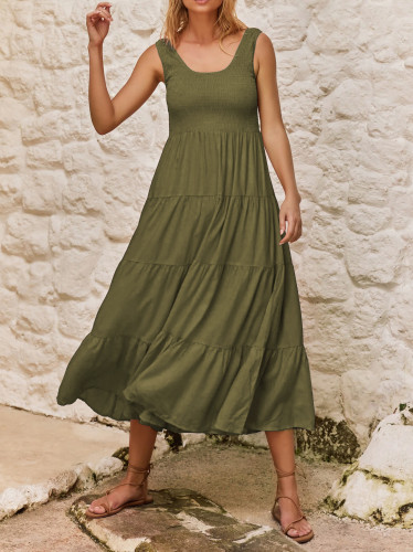 R.Vivimos Womens Summer Linen Tank Midi Dress 2025 Sleeveless Elastic Smocked A-Line Tiered Boho Casual Flowy Beach Sundress