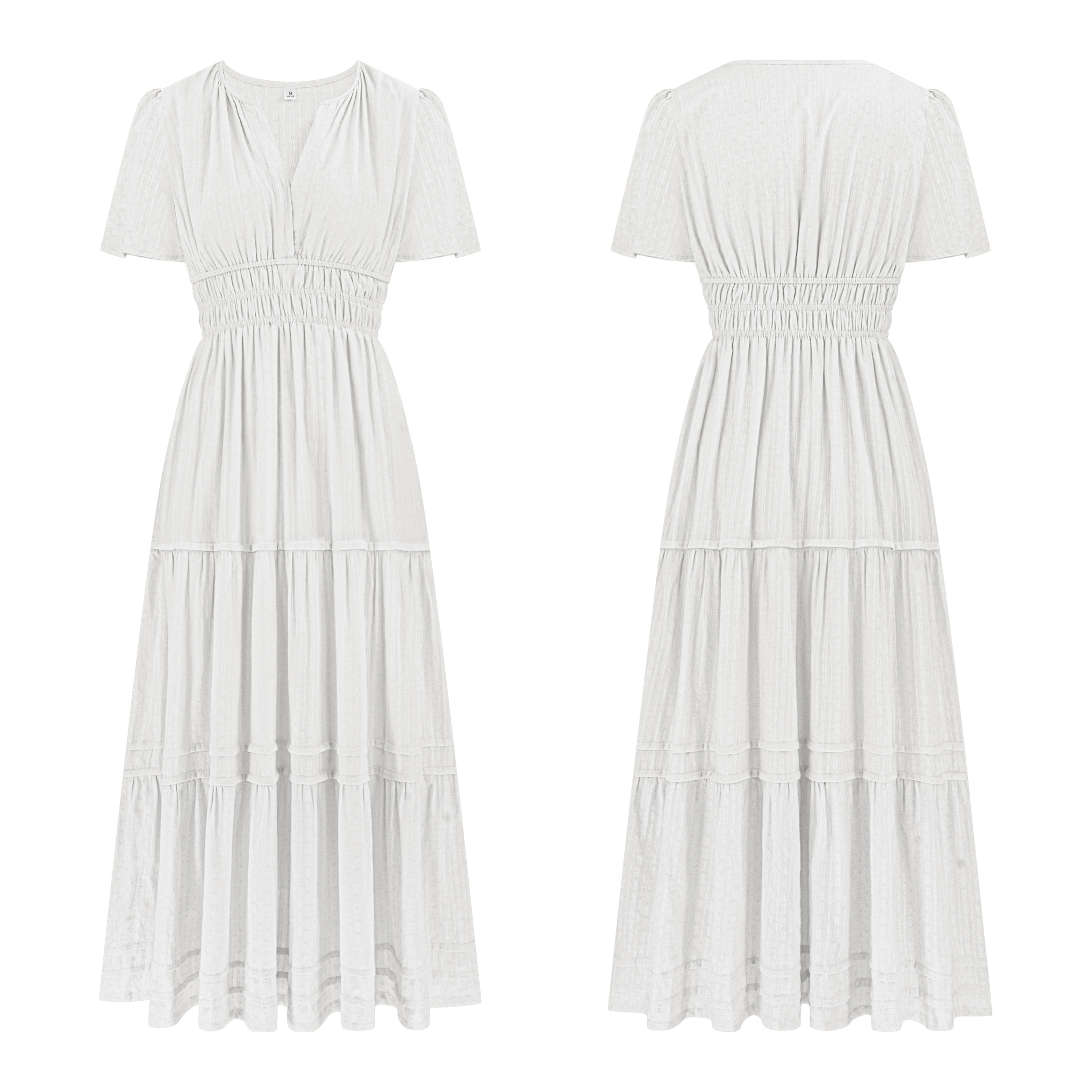 R.Vivimos Womens Summer Cotton Midi Dress 2025 Short Sleeve V Neck Elastic Waist Embroidered Tiered A-Line Long Dresses 29