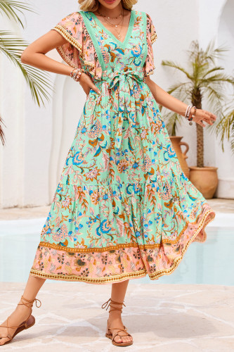 R.Vivimos Womens Summer 2025 Boho Floral Print V Neck Short Sleeve Drawstring Tie Casual Flowy Midi Dress