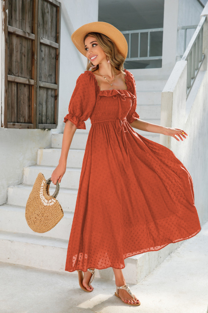 R.Vivimos Women Summer Half Sleeve Cotton Ruffled Vintage Elegant Backless A Line Flowy Long Dresses