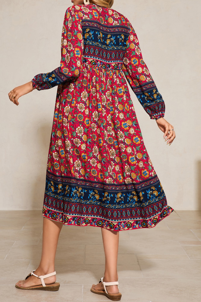 R.Vivimos Women's Long Sleeve Floral Print Retro V Neck Tassel Bohemian Midi Dresses