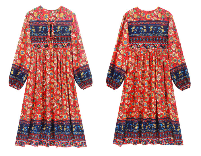 R.Vivimos Women's Long Sleeve Floral Print Retro V Neck Tassel Bohemian Midi Dresses