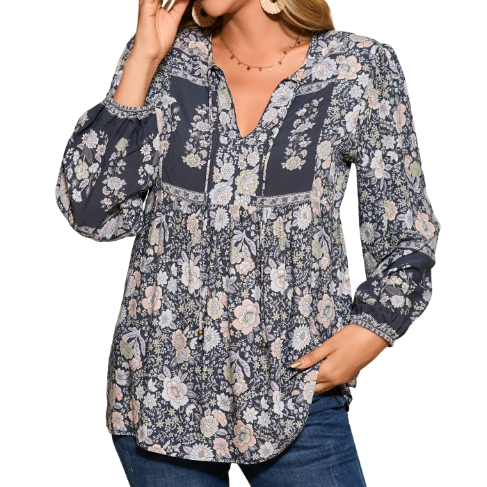 R.Vivimos Summer Boho Tops for Women 2025 Long Sleeve V Neck Floral Print Casual Loose Tunic Blouses Shirts