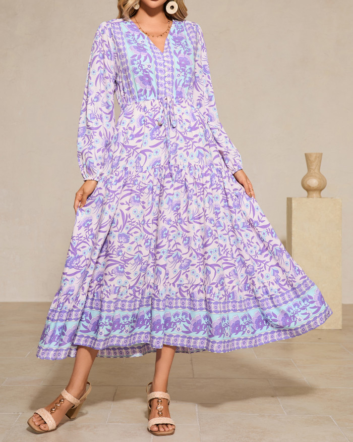 R.Vivimos Women's Long Sleeve Cotton V-Neck Button Up Floral Print Boho Flowy Midi Dresses