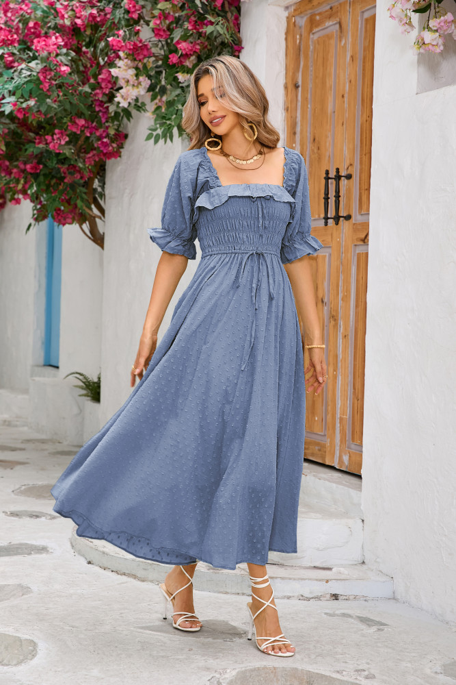 R.Vivimos Women Summer Half Sleeve Cotton Ruffled Vintage Elegant Backless A Line Flowy Long Dresses