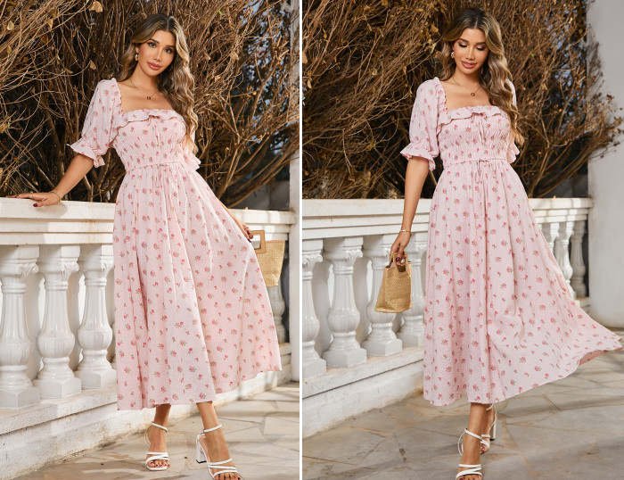 R.Vivimos Women Summer Half Sleeve Cotton Ruffled Vintage Elegant Backless A Line Flowy Long Dresses