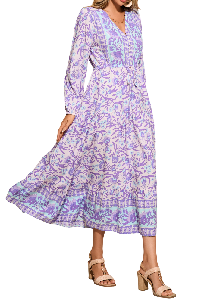 R.Vivimos Women's Long Sleeve Cotton V-Neck Button Up Floral Print Boho Flowy Midi Dresses