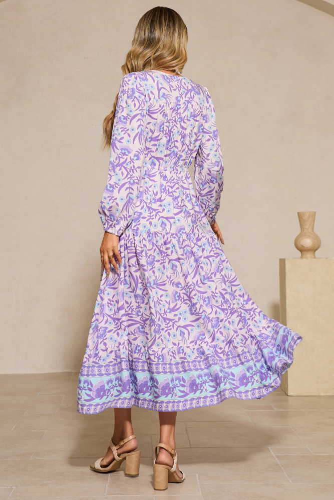 R.Vivimos Women's Long Sleeve Cotton V-Neck Button Up Floral Print Boho Flowy Midi Dresses