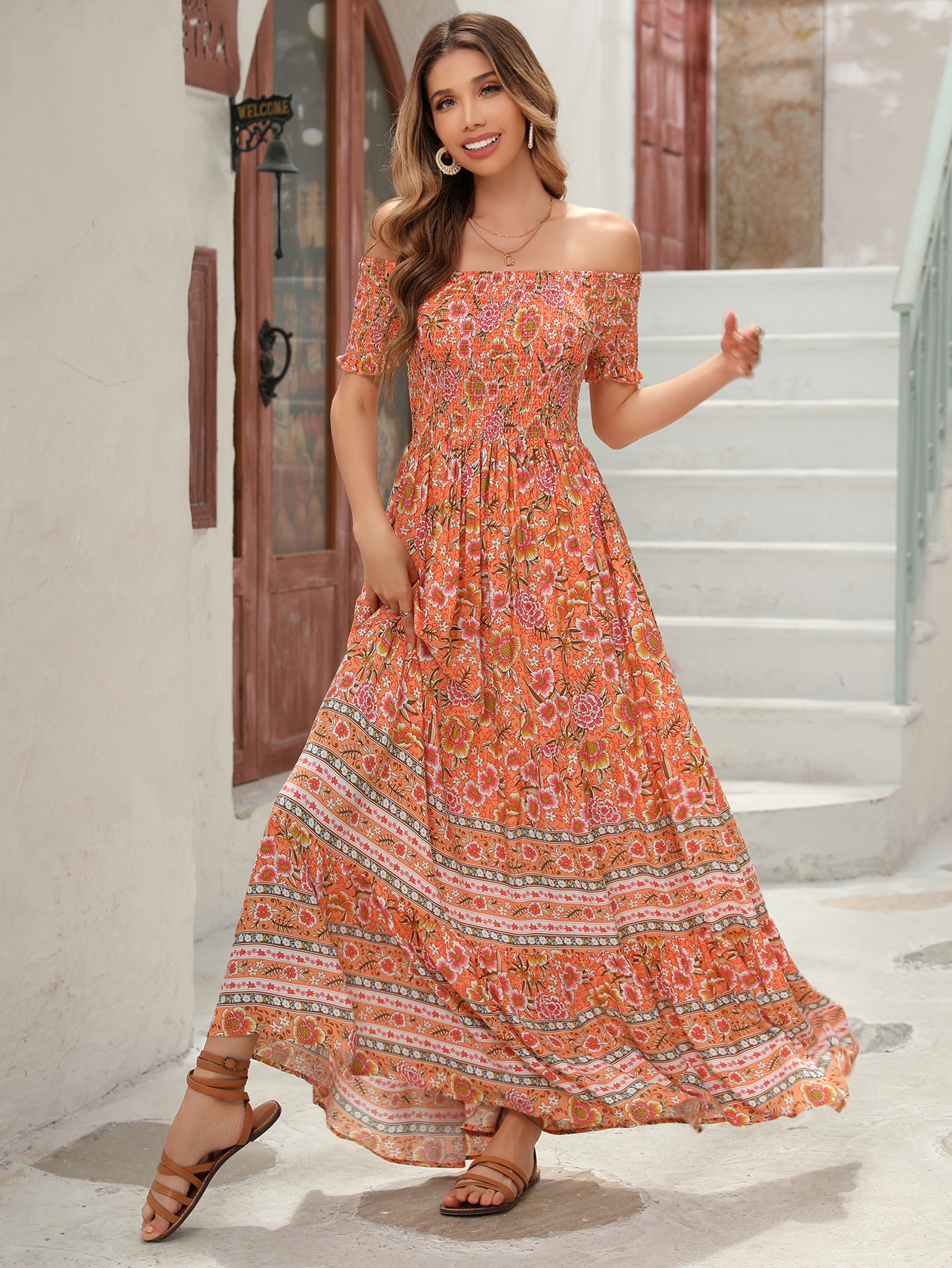 R.Vivimos Women's Summer Maxi Off-Shoulder Dresses Short Sleeve Empire  Waist Boho Floral Print Casual Smocked Flowy Dresses…