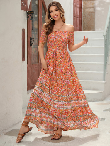 R.Vivimos Women's Summer Maxi Off-Shoulder Dresses Short Sleeve Empire Waist Boho Floral Print Casual Smocked Flowy Dresses