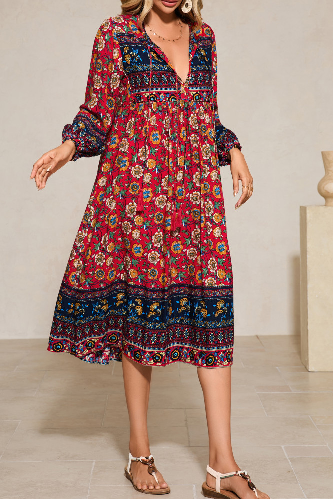 R.Vivimos Women's Long Sleeve Floral Print Retro V Neck Tassel Bohemian Midi Dresses