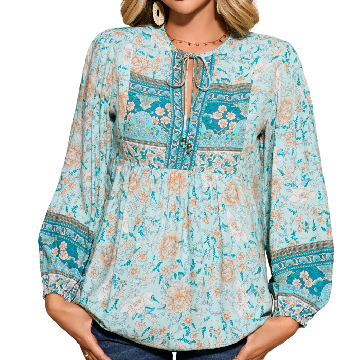 R.Vivimos Summer Boho Tops for Women 2025 Long Sleeve V Neck Floral Print Casual Loose Tunic Blouses Shirts