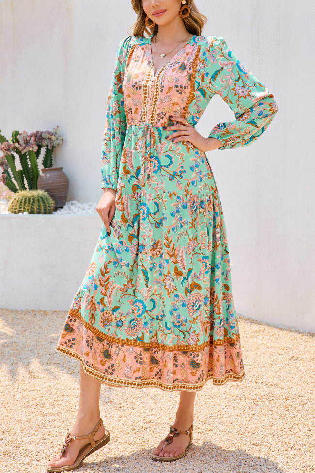 R.Vivimos Women's Long Sleeve Cotton V-Neck Button Up Floral Print Boho Flowy Midi Dresses