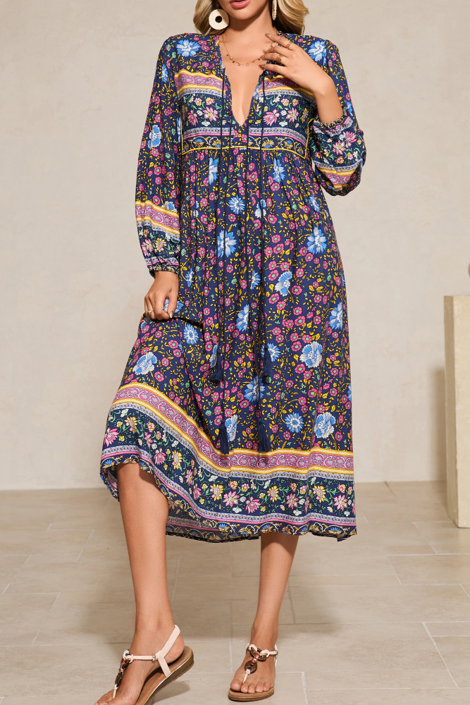 R.Vivimos Women's Long Sleeve Floral Print Retro V Neck Tassel Bohemian Midi Dresses