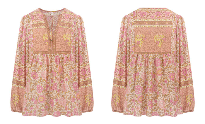 R.Vivimos Summer Boho Tops for Women 2025 Long Sleeve V Neck Floral Print Casual Loose Tunic Blouses Shirts