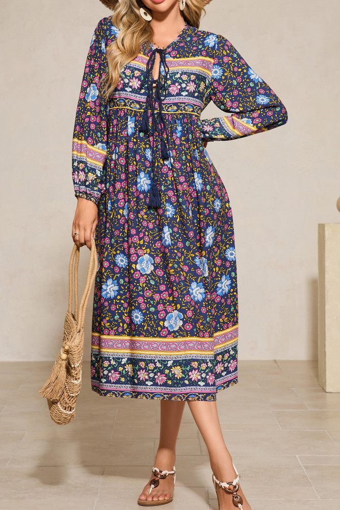 R.Vivimos Women's Long Sleeve Floral Print Retro V Neck Tassel Bohemian Midi Dresses