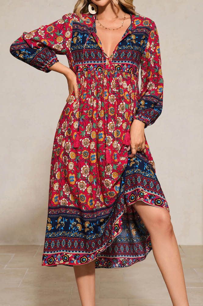 R.Vivimos Women's Long Sleeve Floral Print Retro V Neck Tassel Bohemian Midi Dresses