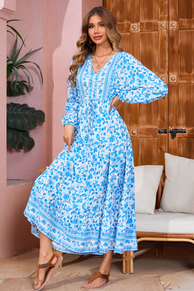 R.Vivimos Women's Long Sleeve Cotton V-Neck Button Up Floral Print Boho Flowy Midi Dresses