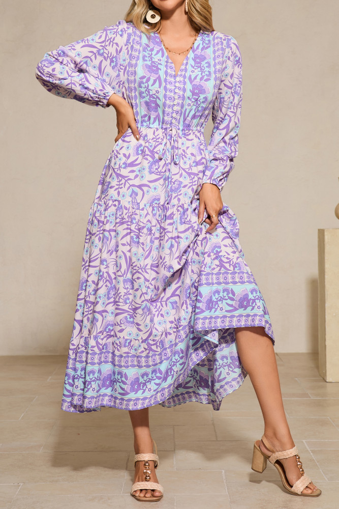 R.Vivimos Women's Long Sleeve Cotton V-Neck Button Up Floral Print Boho Flowy Midi Dresses