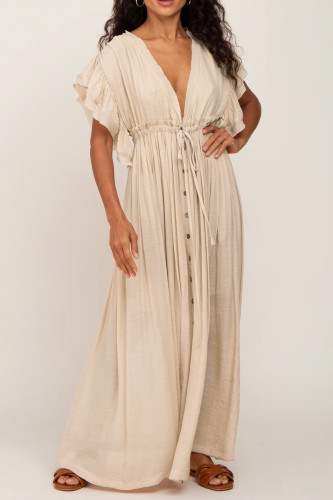 R.Vivimos Maxi Dresses for Women 2025 Summer Short Sleeve V Neck Elastic Waist Boho Loose Flowy Long Dresses with Pockets