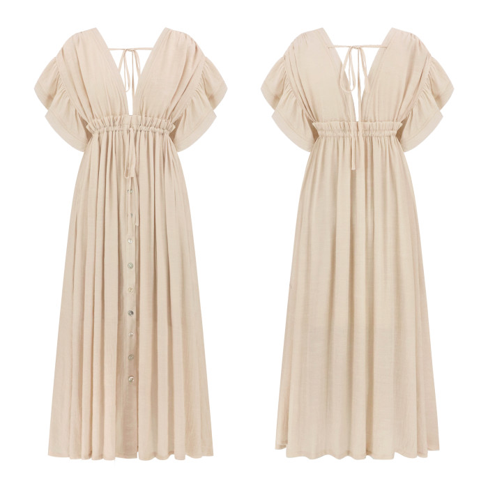 R.Vivimos Maxi Dresses for Women 2025 Summer Short Sleeve V Neck Elastic Waist Boho Loose Flowy Long Dresses with Pockets