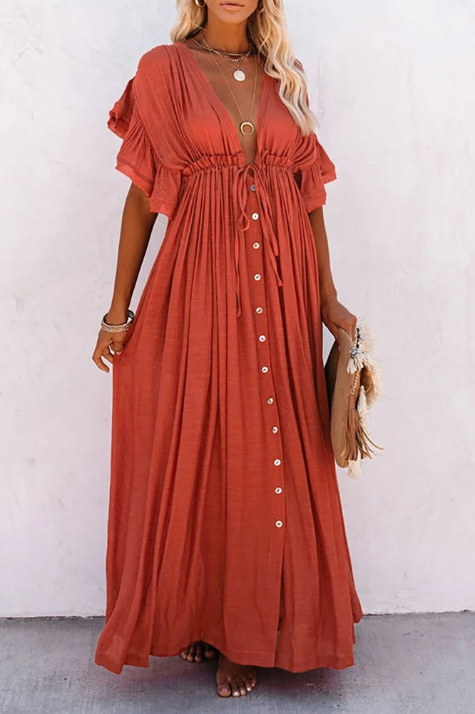 R.Vivimos Maxi Dresses for Women 2025 Summer Short Sleeve V Neck Elastic Waist Boho Loose Flowy Long Dresses with Pockets