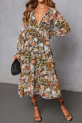 R.Vivimos Women's Fall Floral Print Midi Dress 2025 Long Sleeve V Neck Casual Loose Ruffle Tiered Flowy Dress