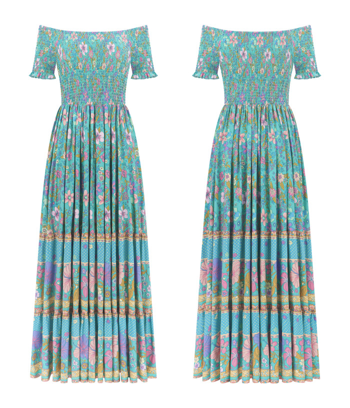R.Vivimos Women's Summer Maxi Off-Shoulder Dresses Short Sleeve Empire Waist Boho Floral Print Casual Smocked Flowy Dresses