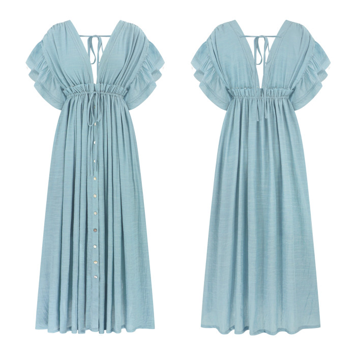 R.Vivimos Maxi Dresses for Women 2025 Summer Short Sleeve V Neck Elastic Waist Boho Loose Flowy Long Dresses with Pockets