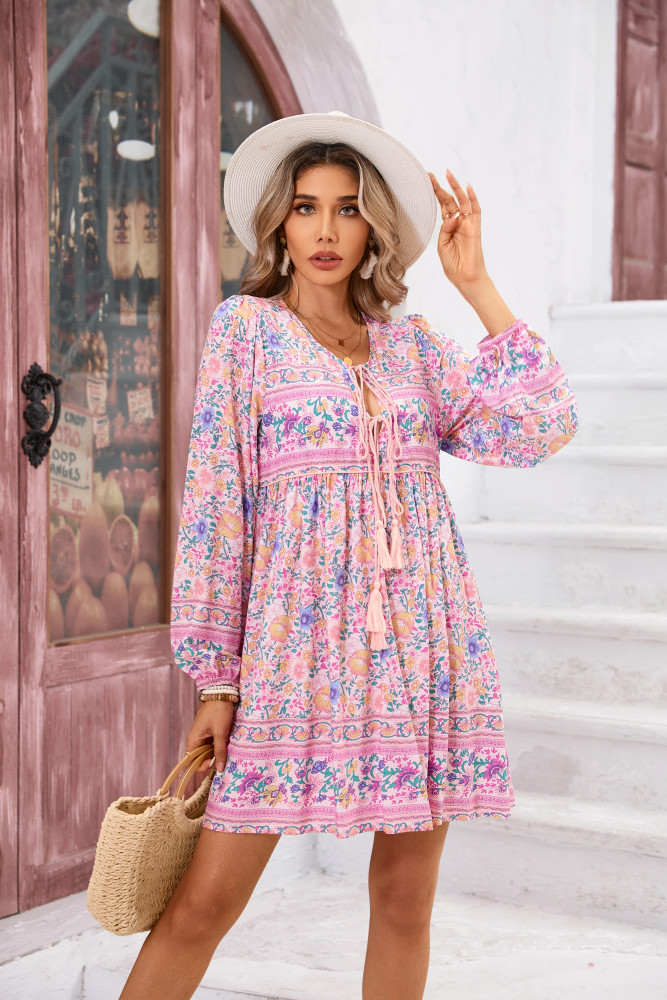 R.Vivimos Womens Long Sleeve Floral Casual Print Cotton Mini Tunic Dress