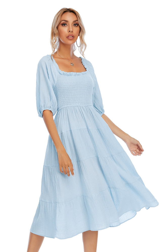 R.Vivimos Women's Summer Linen Lantern Sleeves Ruffled Off Shoulder A-Line Midi Dresses
