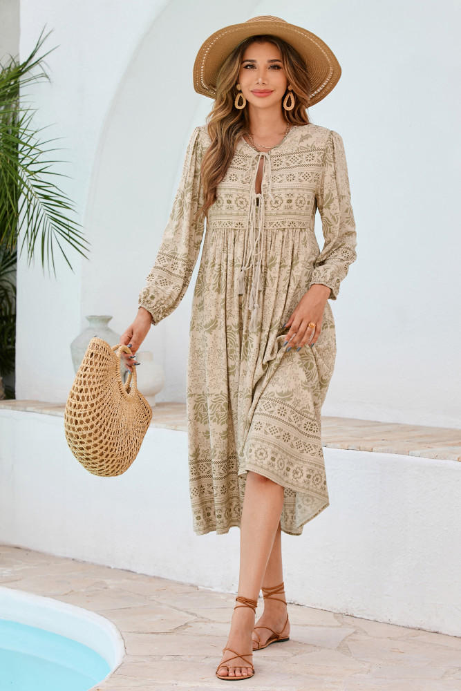 R.Vivimos Women's Long Sleeve Floral Print Retro V Neck Tassel Bohemian Midi Dresses