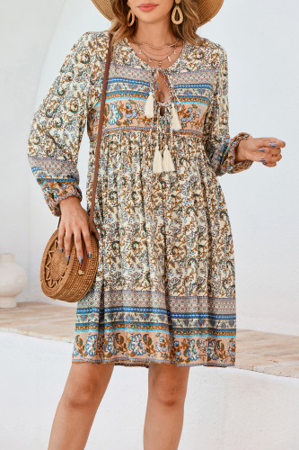 R.Vivimos Womens Long Sleeve Floral Casual Print Cotton Mini Tunic Dress