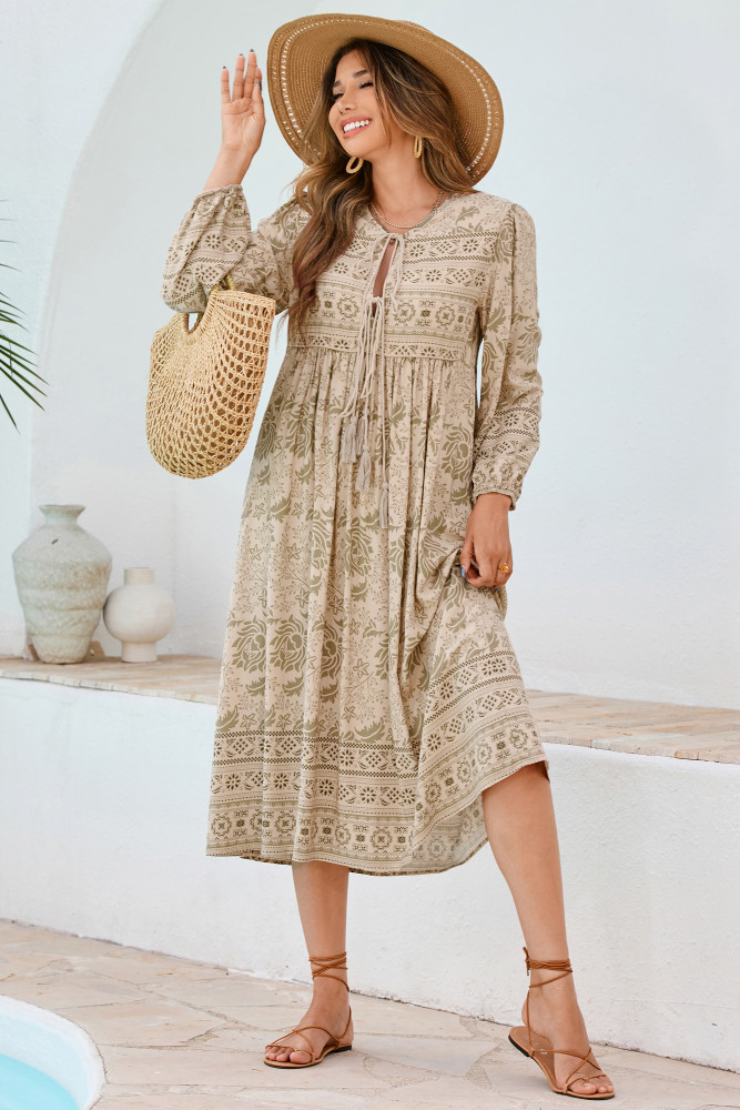 R.Vivimos Women's Long Sleeve Floral Print Retro V Neck Tassel Bohemian Midi Dresses