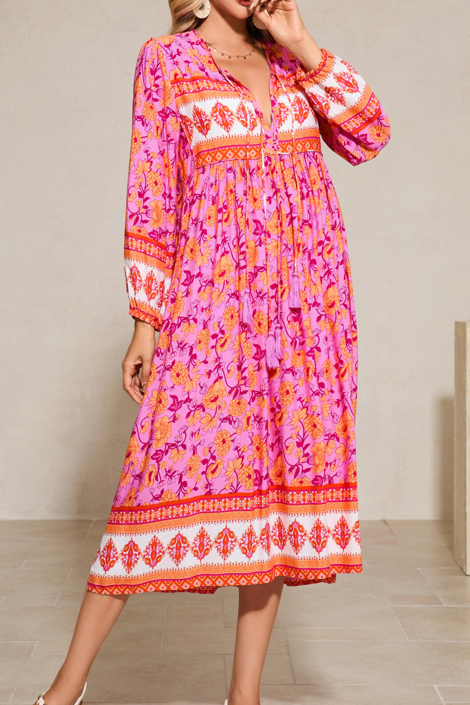 R.Vivimos Women's Long Sleeve Floral Print Retro V Neck Tassel Bohemian Midi Dresses