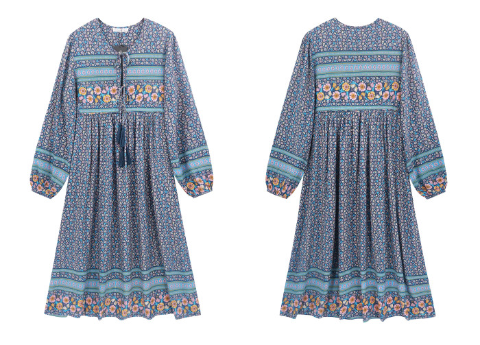 R.Vivimos Women's Long Sleeve Floral Print Retro V Neck Tassel Bohemian Midi Dresses