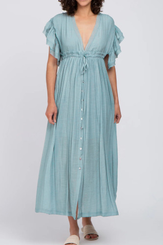 R.Vivimos Maxi Dresses for Women 2025 Summer Short Sleeve V Neck Elastic Waist Boho Loose Flowy Long Dresses with Pockets