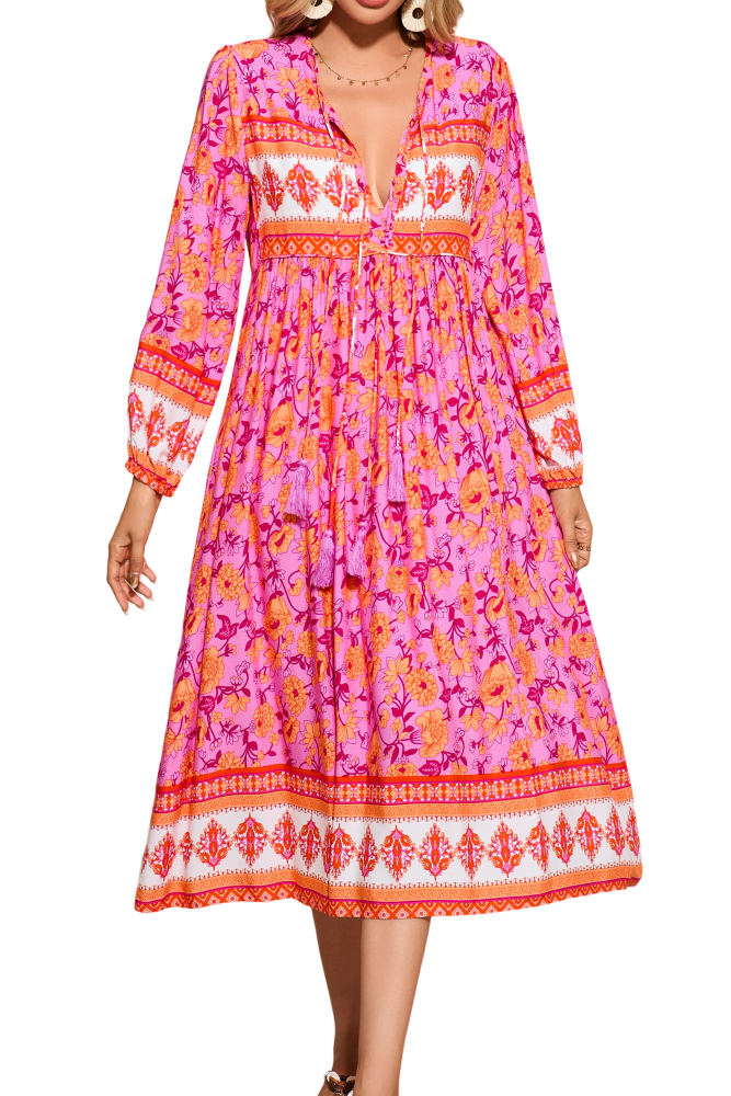 R.Vivimos Women's Long Sleeve Floral Print Retro V Neck Tassel Bohemian Midi Dresses