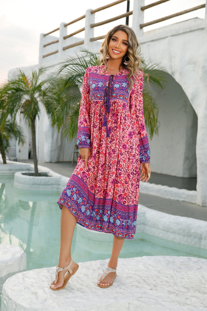 R.Vivimos Women's Long Sleeve Floral Print Retro V Neck Tassel Bohemian Midi Dresses