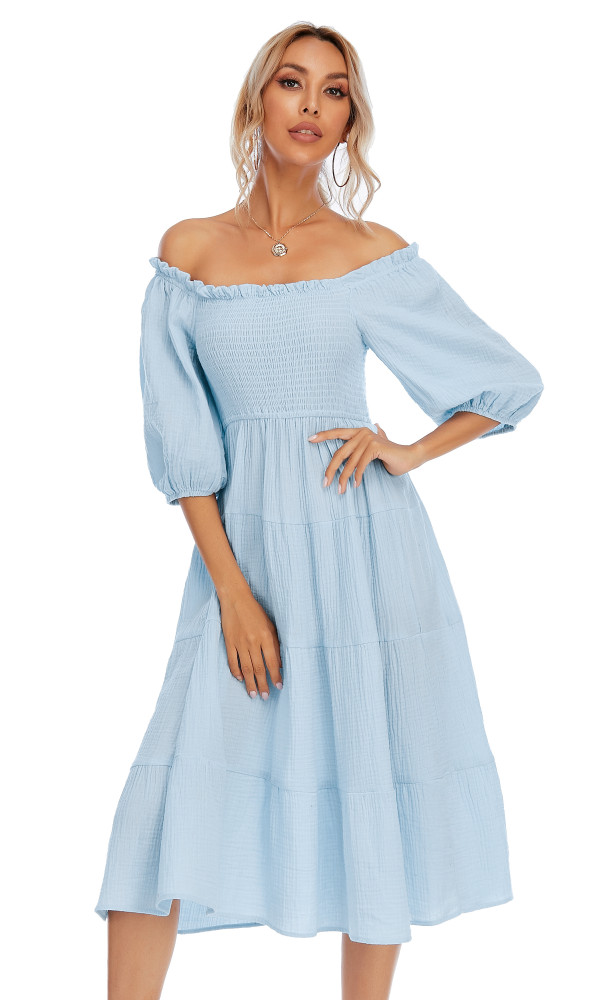 R.Vivimos Women's Summer Linen Lantern Sleeves Ruffled Off Shoulder A-Line Midi Dresses