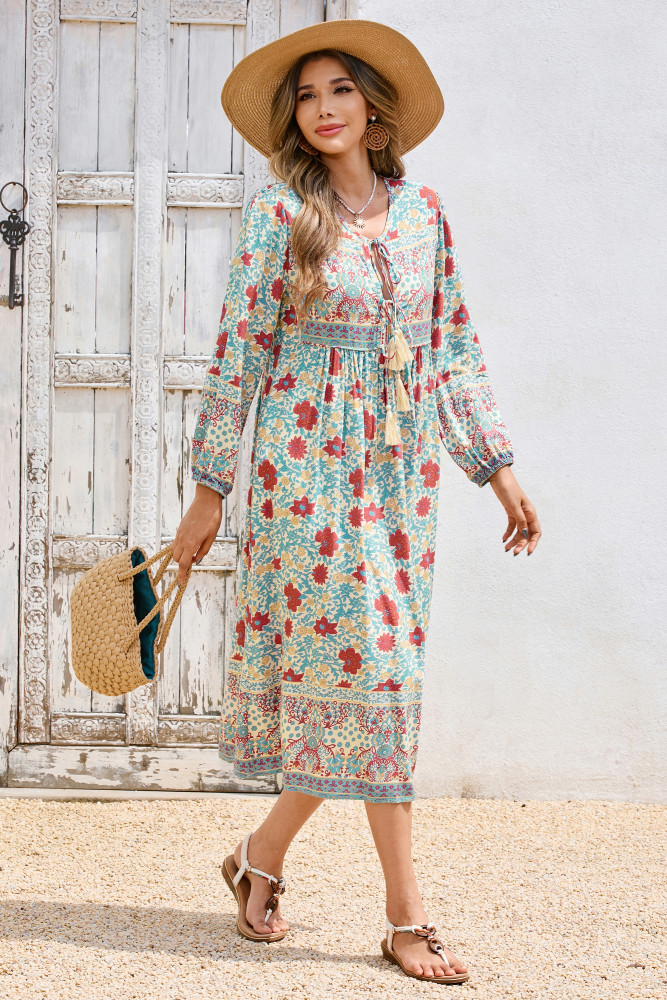 R.Vivimos Women's Long Sleeve Floral Print Retro V Neck Tassel Bohemian Midi Dresses