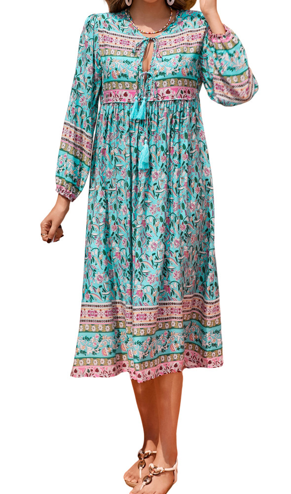 R.Vivimos Women's Long Sleeve Floral Print Retro V Neck Tassel Bohemian Midi Dresses