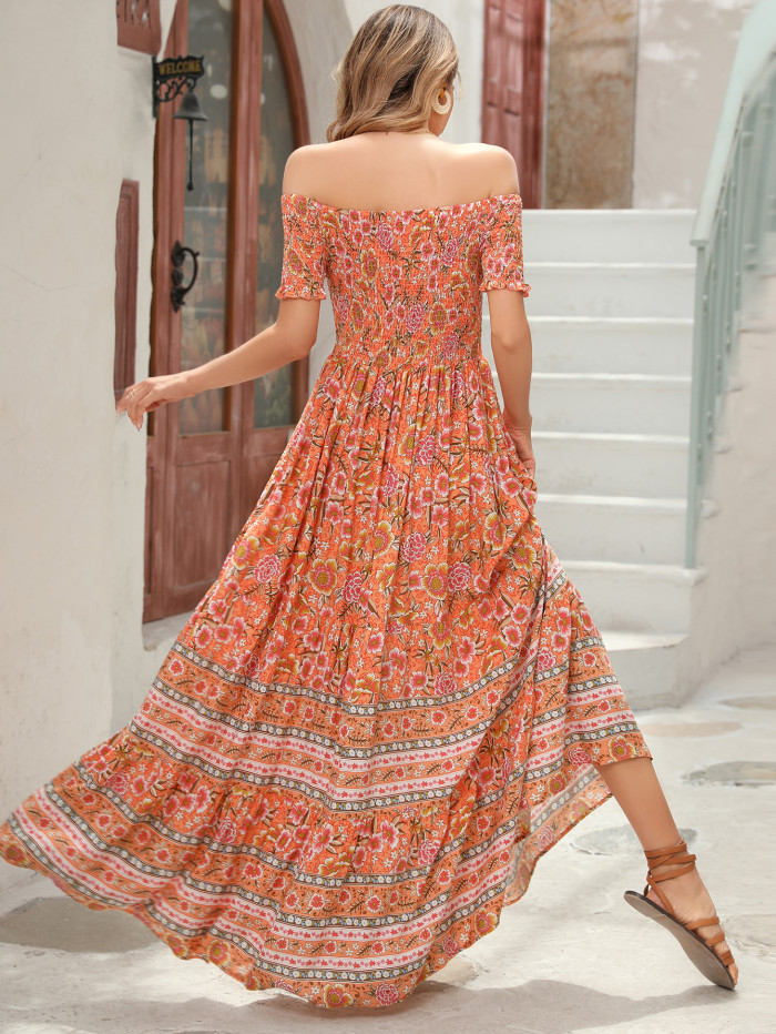 R.Vivimos Women's Summer Maxi Off-Shoulder Dresses Short Sleeve Empire Waist Boho Floral Print Casual Smocked Flowy Dresses