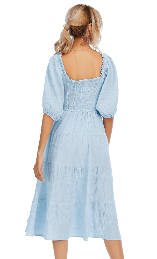 R.Vivimos Women's Summer Linen Lantern Sleeves Ruffled Off Shoulder A-Line Midi Dresses