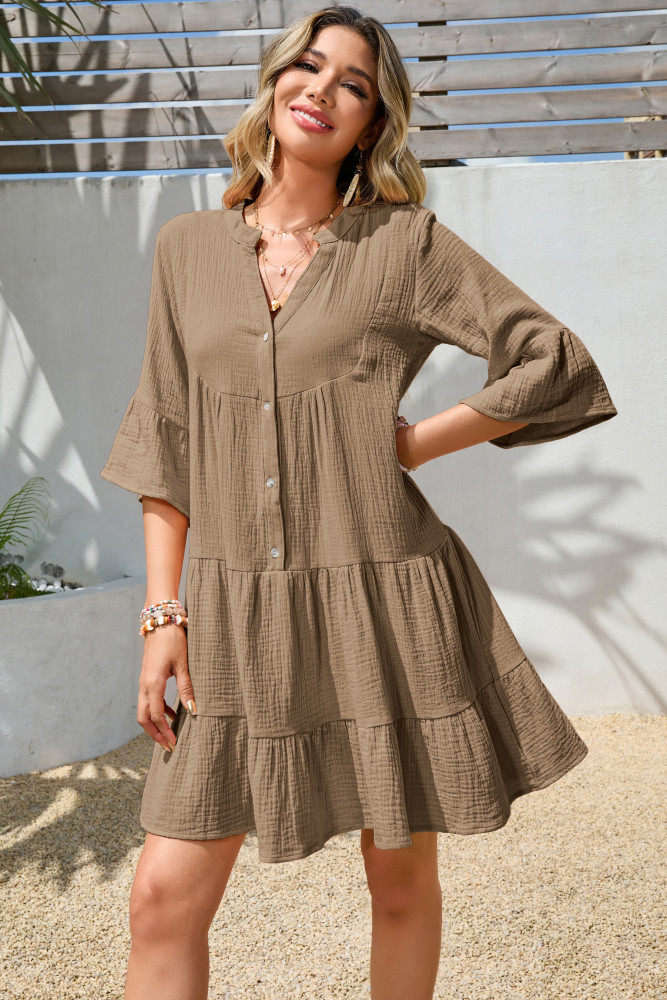 R.Vivimos Cotton Dresses for Women Summer V Neck 3/4 Flare Sleeve Button Front Casual Loose Tiered Mini Dress