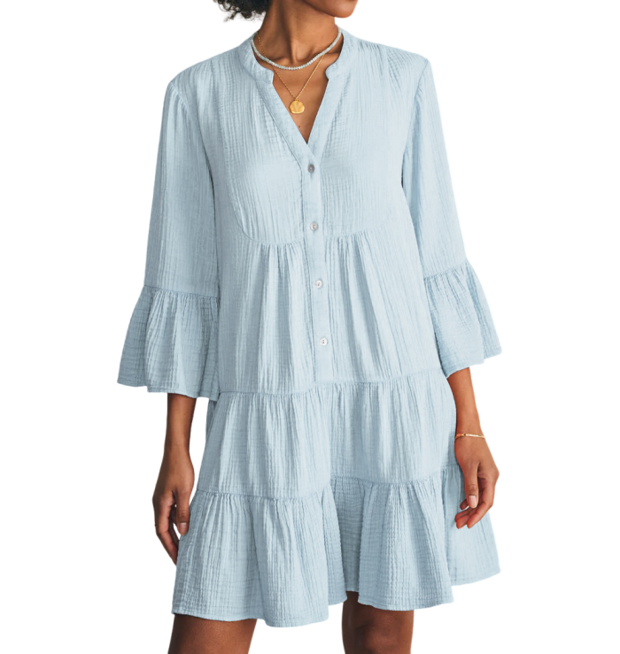 R.Vivimos Cotton Dresses for Women Summer V Neck 3/4 Flare Sleeve Button Front Casual Loose Tiered Mini Dress