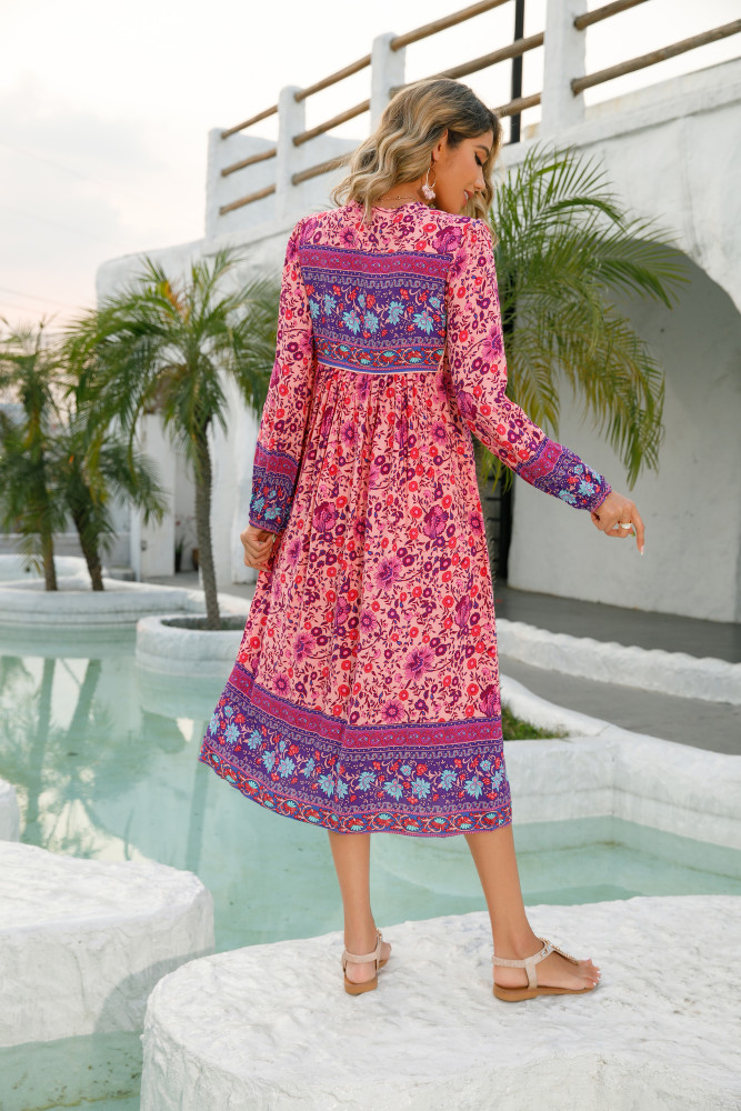 R.Vivimos Women's Long Sleeve Floral Print Retro V Neck Tassel Bohemian Midi Dresses