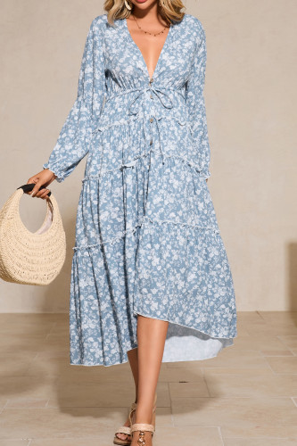 R.Vivimos Fall Floral Dress for Women 2025 Boho Long Sleeve V Neck Drawstring Tie Loose Tiered Flowy Midi Dress with Pockets