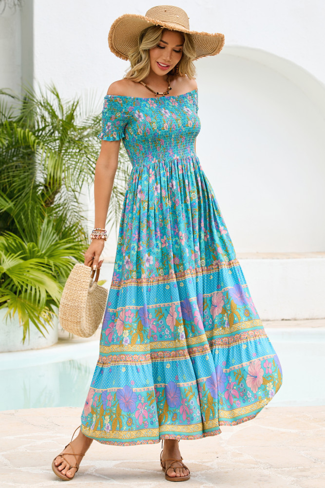 R.Vivimos Women's Summer Maxi Off-Shoulder Dresses Short Sleeve Empire Waist Boho Floral Print Casual Smocked Flowy Dresses