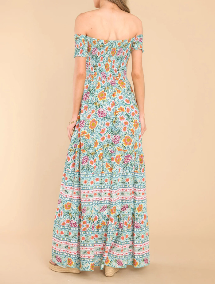 R.Vivimos Women's Summer Maxi Off-Shoulder Dresses Short Sleeve Empire Waist Boho Floral Print Casual Smocked Flowy Dresses